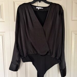 Good American Black Satin Bodysuit Size 4 (XL 16–18) Wrap Front Long Sleeve